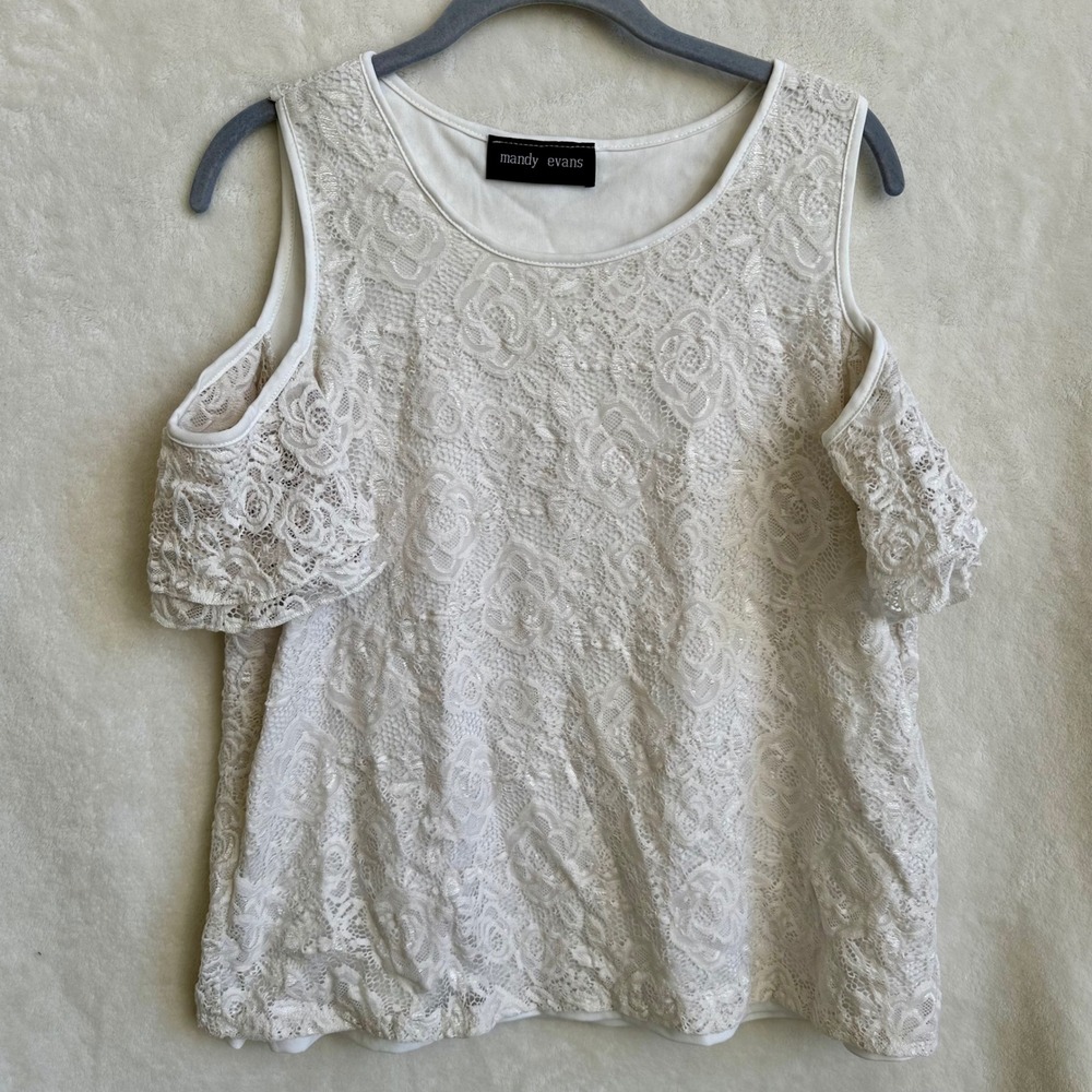 Mandy Evans Lace Cold‎ Shoulder Top White Rose Floral Lined Blouse Large